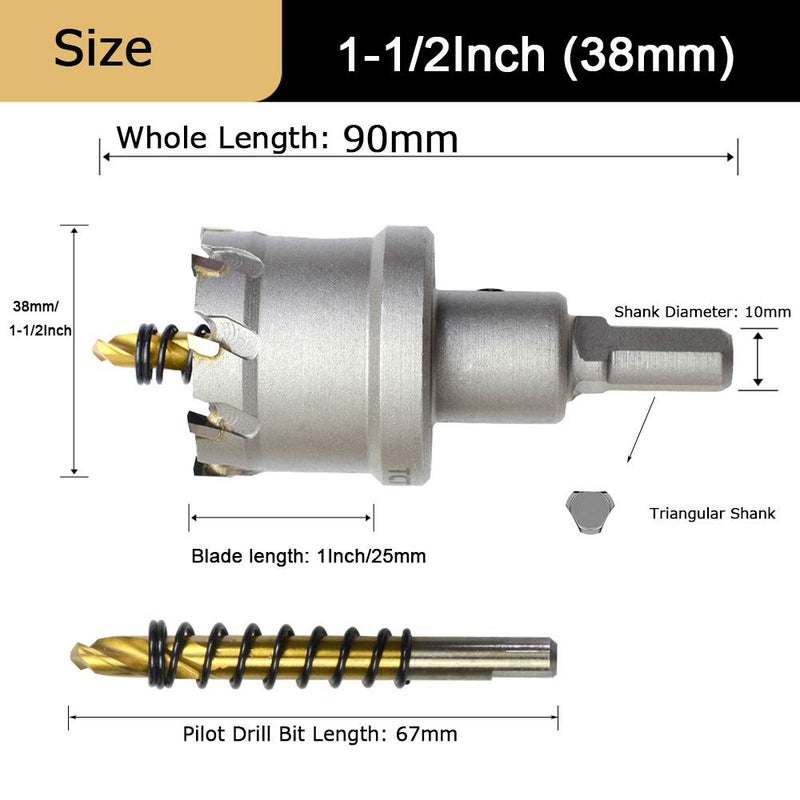 ASNOMY Tungsten Carbide Tipped Hole Saw Drill Bit for Hard Metal, 1-1/2 Inch T.C.T Hole Saw Cutter with 2pcs Titanium-Plated Pilot Drill bit for Metal, Steel, Iron, Wood, Plastic - Image 3